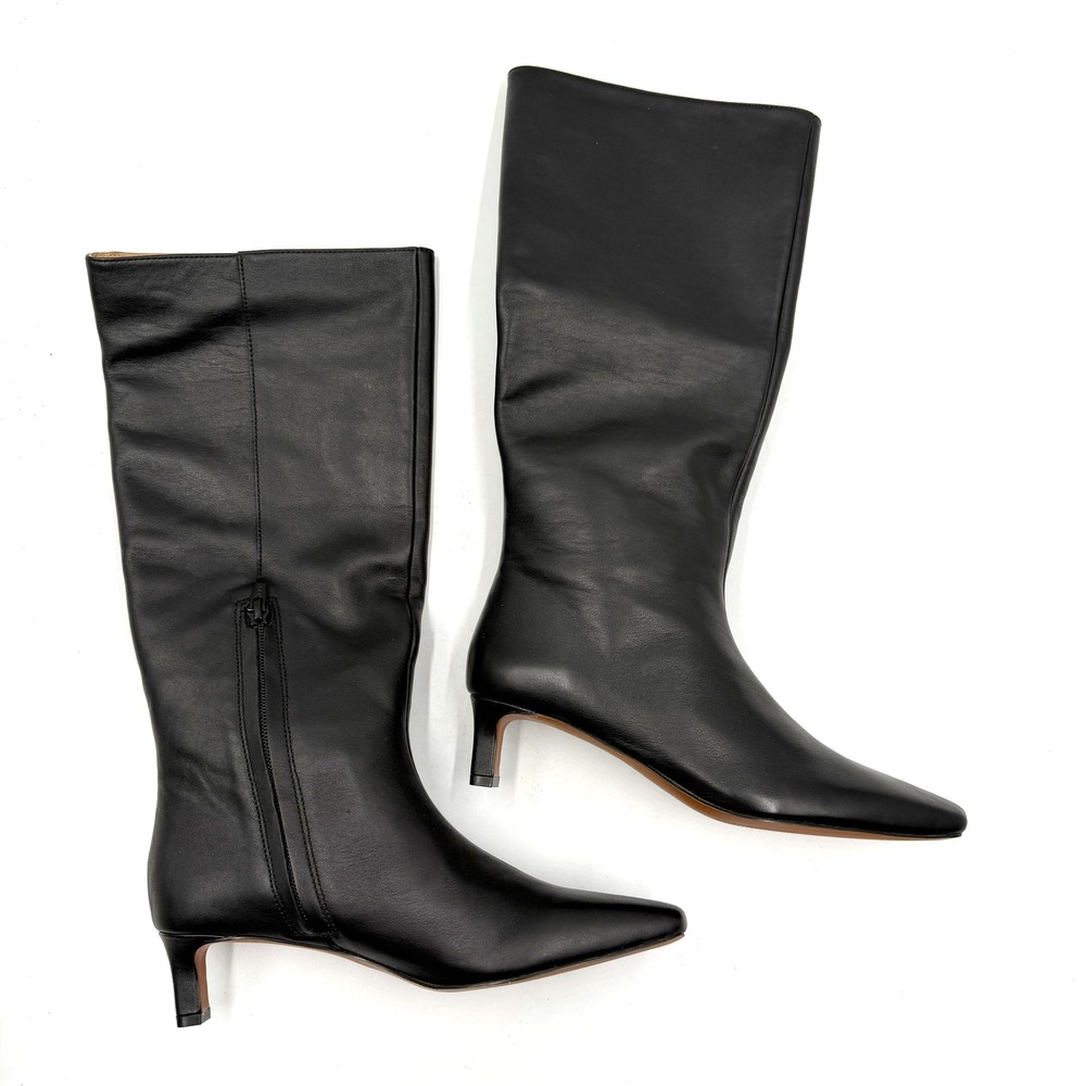Madewell Dorchester Dimes Knee Boots Black Leather Square Toe Kitten Heel Sz 6